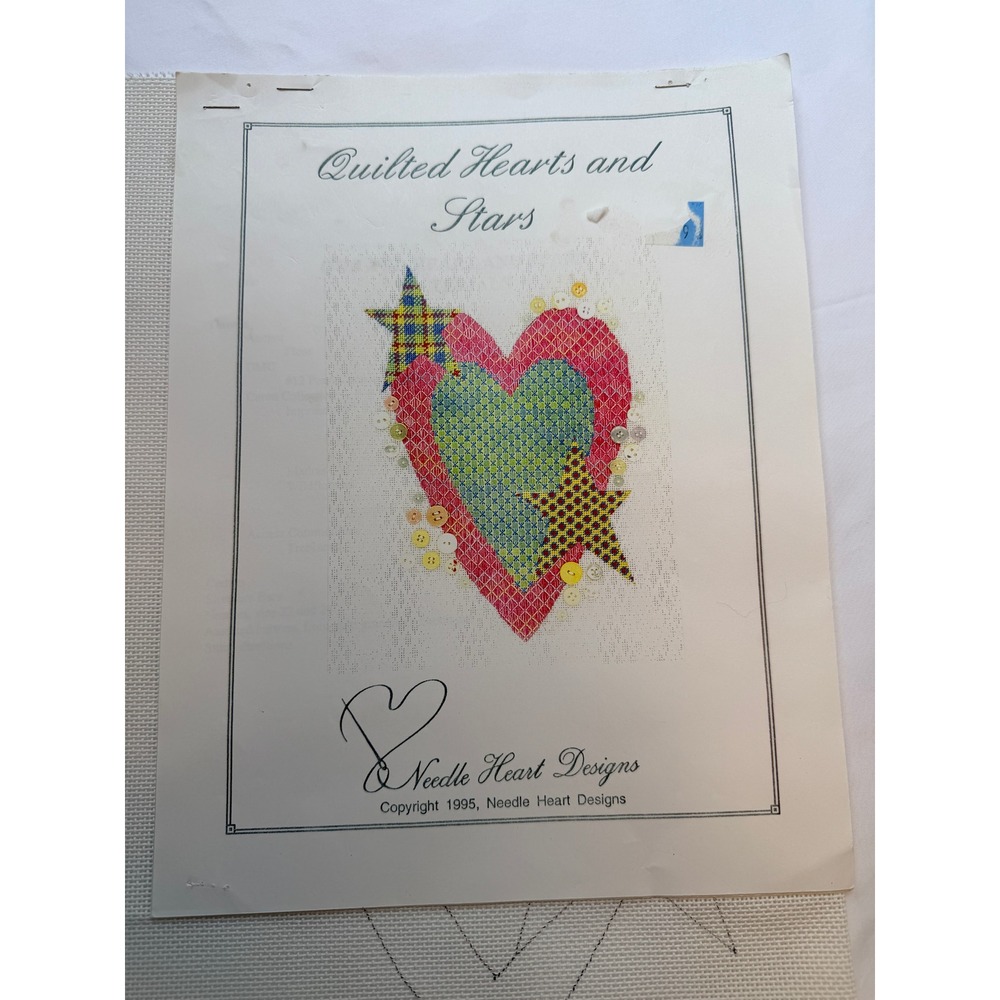 Vintage Needle Heart Designs Quilted Hearts Stars Needlepoint Canvas with Guide